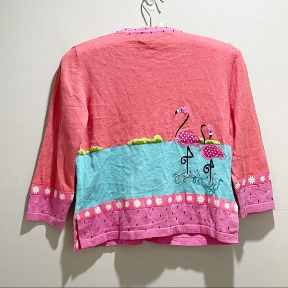 JACK B QUICK Women’s Pink Cardigan Flamingo Palm Trees Tropical Beads Sequins - Picture 2 of 11